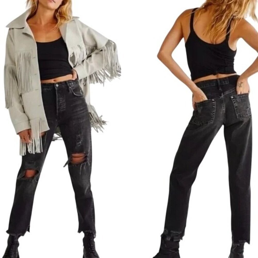 Free People Maggie Black Straight Leg Distressed Cropped Jeans